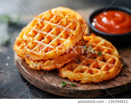 Premium crispy potato waffles served with sauce. Waffle fries with spicy dip. Gourmet street food. Fast-food snack menu, cafes, delivery services, commercial food marketing. Luxury presentation. 136394832