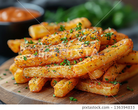 Premium seasoned French fries or potato chips with herbs served on wooden board. Gourmet street food. Upscale fast-food menu, takeaway branding, delivery platform and casual dining advertising. Premium seasoned French fries or potato chips with herbs served on wooden board. Gourmet street food. Upscale fast-food menu, takeaway branding, delivery platform and casual dining advertising. 136394833