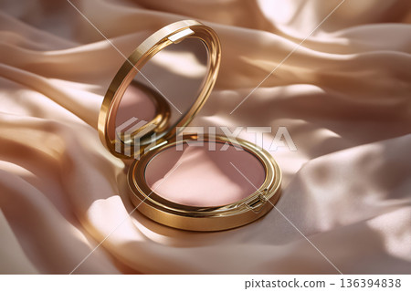 Gold compact mirror with pink blush on silk fabric. Decorative cosmetics accessories, luxury beauty lifestyle. Fashion concepts, elegant cosmetic, beauty woman, professional makeup artistry. Gold compact mirror with pink blush on silk fabric. Decorative cosmetics accessories, luxury beauty lifestyle. Fashion concepts, elegant cosmetic, beauty woman, professional makeup artistry. 136394838