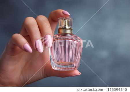 Close-up of female hand with manicured nails holding elegant pink perfume bottle isolated on gray background. Luxury fragrance, beauty elegance, cosmetic advertising and feminine scent marketing. Close-up of female hand with manicured nails holding elegant pink perfume bottle isolated on gray background. Luxury fragrance, beauty elegance, cosmetic advertising and feminine scent marketing. 136394840