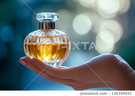 Luxury perfume bottle held in female hand with soft bokeh background. Premium beauty, fragrance storytelling concept. Lifestyle branding, fashion concepts, cosmetic and emotional luxury visuals. Luxury perfume bottle held in female hand with soft bokeh background. Premium beauty, fragrance storytelling concept. Lifestyle branding, fashion concepts, cosmetic and emotional luxury visuals. 136394841