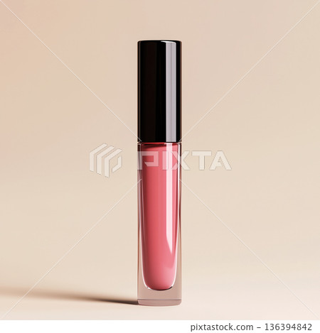 Luxury lip gloss tube on clean minimal background. Lip shine, glaze, plumper, jelly, oil. Premium decorative cosmetic, professional makeup, fashion, beauty concepts. High end product marketing visuals Luxury lip gloss tube on clean minimal background. Lip shine, glaze, plumper, jelly, oil. Premium decorative cosmetic, professional makeup, fashion, beauty concepts. High end product marketing visuals 136394842