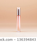 Minimal luxury lip gloss bottle on soft beige gradient background. Lip shine, glaze, plumper, jelly, oil. Premium beauty concept, decorative cosmetics, modern makeup, elegant high end product visuals. 136394843