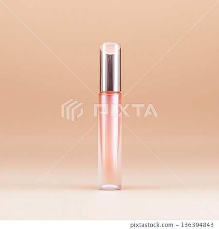 Minimal luxury lip gloss bottle on soft beige gradient background. Lip shine, glaze, plumper, jelly, oil. Premium beauty concept, decorative cosmetics, modern makeup, elegant high end product visuals. 136394843