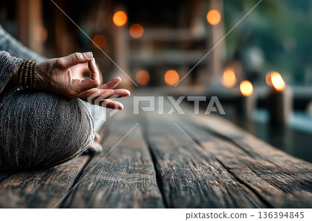 Person practicing meditation. Meditative yoga practice on wooden floor. Mindfulness, relaxation, spiritual balance, wellness lifestyle, stress relief, inner harmony. Faceless scene with copy space. 136394845