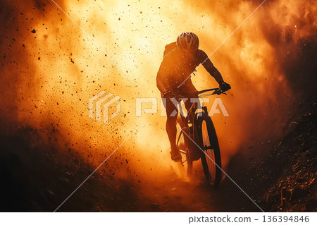 Professional cyclist performing on mountain trail with dust and sunlight. Extreme faceless mountain biker riding through. Sport, adventure lifestyle, energy, endurance, freedom, nature outdoor fitness 136394846