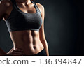 Fit faceless woman in sportswear demonstrating toned abs with copy space. Female athlete after an intense workout. Fitness motivation, active lifestyle, exercise, personal transformation journey. 136394847