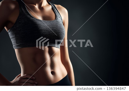 Fit faceless woman in sportswear demonstrating toned abs with copy space. Female athlete after an intense workout. Fitness motivation, active lifestyle, exercise, personal transformation journey. 136394847