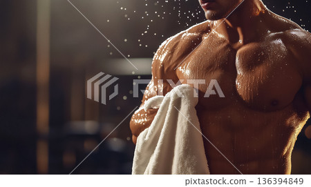 Strong muscular faceless man standing in dim gym environment with sweat droplets, wiping down after an intense workout. Fitness, copy space, strength training program, bodybuilding, athletic. Strong muscular faceless man standing in dim gym environment with sweat droplets, wiping down after an intense workout. Fitness, copy space, strength training program, bodybuilding, athletic. 136394849