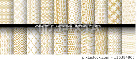 Geometric set of seamless golden and white patterns. Simple vector graphics Geometric set of seamless golden and white patterns. Simple vector graphics 136394905