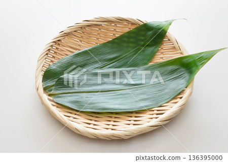 白色背景上的竹葉和濾網，食品背景素材 136395000
