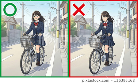 【交通安全】圖示對比騎自行車時戴耳機（違規行為）和正確的騎乘禮儀 136395168