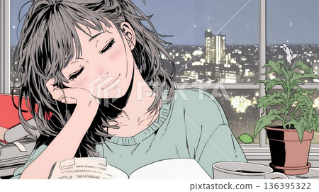 一位年輕女子在看書時打瞌睡。 136395322