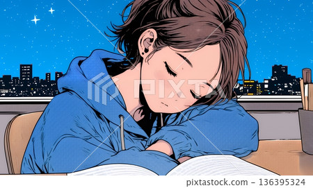 一位年輕女子在看書時打瞌睡。 136395324