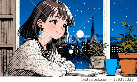 一位年輕女子在看書時打瞌睡。 136395326