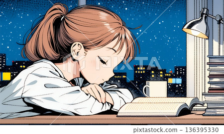 一位年輕女子在看書時打瞌睡。 136395330