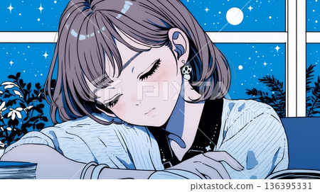 一位年輕女子在看書時打瞌睡。 136395331