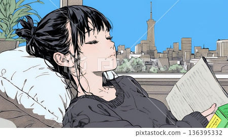 一位年輕女子在看書時打瞌睡。 136395332