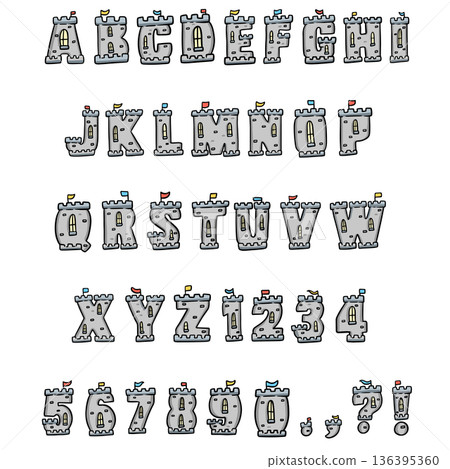 Castle Turret handwritten sketch typography font lettering ABC cartoon vector text 136395360