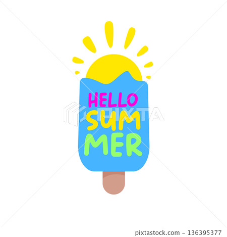 Hello summer blue groovy aesthetic sticker with melting ice cream isolated on white background. Hello summer motto sticker, tag, kids label, banner, poster, label png with quote. 136395377