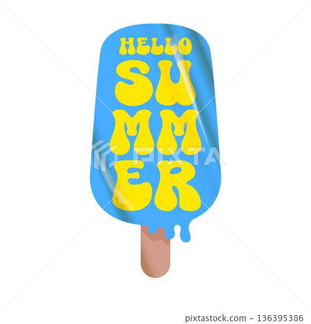 Hello summer blue groovy aesthetic sticker with melting ice cream isolated on white background. Hello summer motto sticker, tag, kids label, banner, poster, label png with quote. Hello summer blue groovy aesthetic sticker with melting ice cream isolated on white background. Hello summer motto sticker, tag, kids label, banner, poster, label png with quote. 136395386