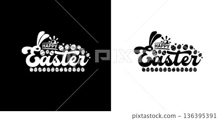 Happy Easter black and white logo hand lettering typography with bunny ears and eggs, festive holiday calligraphy isolated on white background. Easter typography set with rabbit ears Happy Easter black and white logo hand lettering typography with bunny ears and eggs, festive holiday calligraphy isolated on white background. Easter typography set with rabbit ears 136395391