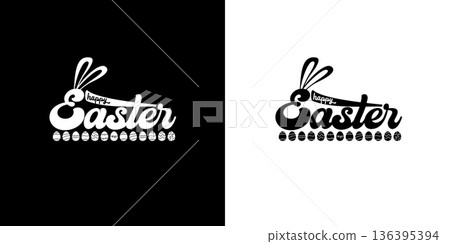 Happy Easter black and white logo hand lettering typography with bunny ears and eggs, festive holiday calligraphy isolated on white background. Easter typography set with rabbit ears Happy Easter black and white logo hand lettering typography with bunny ears and eggs, festive holiday calligraphy isolated on white background. Easter typography set with rabbit ears 136395394