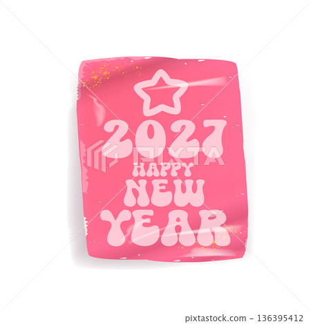 2027 happy New year retro groovy aesthetic sticker design isolated on white background. Vintage 2027 New year day motto sticker, tag, retro label, banner, ribbon, label png with quote. New year text 136395412