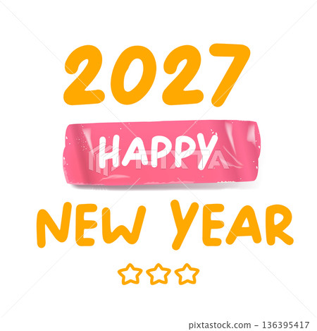 2027 happy New year retro groovy aesthetic sticker design isolated on white background. Vintage 2027 New year day motto sticker, tag, retro label, banner, ribbon, label png with quote. New year text 136395417
