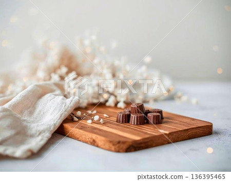 巧克力和乾燥花擺放在木托盤上 136395465