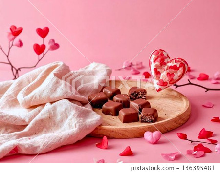 Chocolates arranged on a wooden tray, background image decorated with heart motifs 136395481