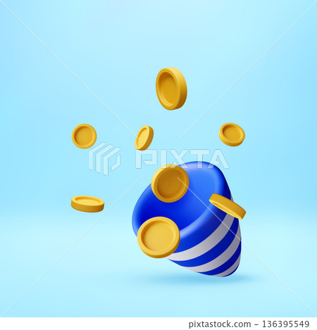 3D Gold coins falling from striped party popper 3D Gold coins falling from striped party popper 136395549