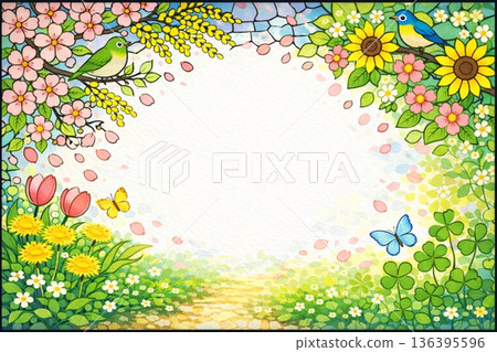 畫框材質：春/初夏圖案，花卉，彩色玻璃風格 136395596