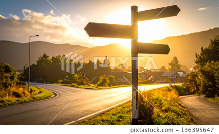 郊區岔路口的一個有路標的地方 136395647