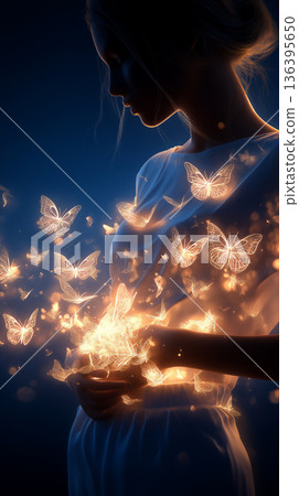 Gentle woman holding luminous butterflies. Peaceful woman in delicate white dress releases shining butterflies under soft ambient light 136395650