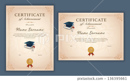 Graduation certificate and diploma template in elegant vintage style for education and awards Graduation certificate and diploma template in elegant vintage style for education and awards 136395661