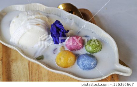 Traditional Thai dessert. Coconut ice cream served with Thai glutinous rice balls (bua loi). Traditional Thai dessert. Coconut ice cream served with Thai glutinous rice balls (bua loi). 136395667