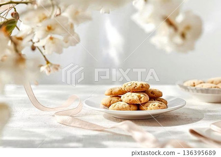 白色盤子和餅乾，櫻花 136395689