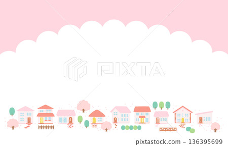 櫻花點綴的春日城鎮風景邊框背景素材 136395699