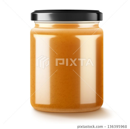 Jar with apple jam or compote isolated on white background. Homemade apple jam in a glass jar. Realistic 3d vector illustration. Mockup for your brand. Jar with apple jam or compote isolated on white background. Homemade apple jam in a glass jar. Realistic 3d vector illustration. Mockup for your brand. 136395968