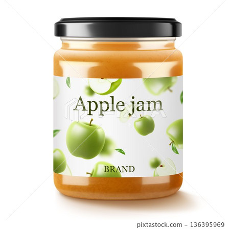 Jar with apple jam isolated on white background. Homemade apple jam in a glass jar. Realistic 3d vector illustration. Mockup for your brand. Jar with apple jam isolated on white background. Homemade apple jam in a glass jar. Realistic 3d vector illustration. Mockup for your brand. 136395969
