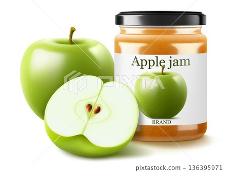 Jar with apple jam isolated on white background. Homemade apple jam in a glass jar. Realistic 3d vector illustration. Mockup for your brand. Jar with apple jam isolated on white background. Homemade apple jam in a glass jar. Realistic 3d vector illustration. Mockup for your brand. 136395971