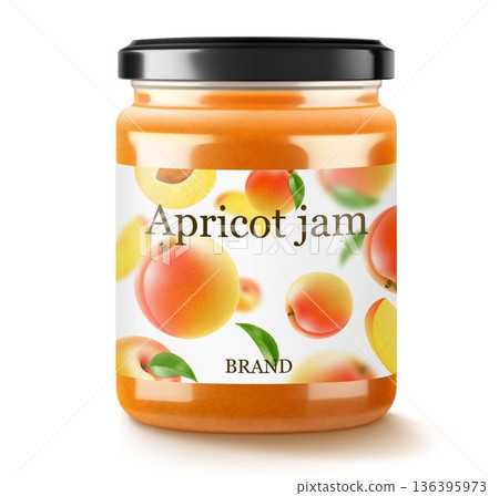 Jar with Apricot or peach jam isolated on white background. Canned apricot in a glass jar with lid and paper label, Realistic 3d vector illustration. Mockup , preserve in packaging. Jar with Apricot or peach jam isolated on white background. Canned apricot in a glass jar with lid and paper label, Realistic 3d vector illustration. Mockup , preserve in packaging. 136395973