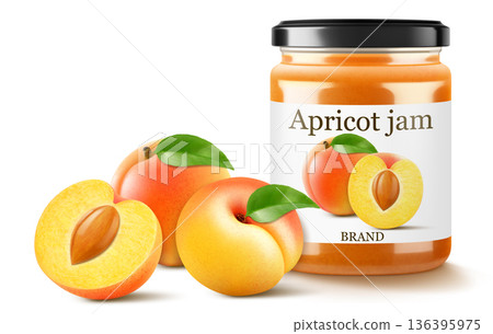 Jar with Apricot or peach jam isolated on white background. Canned apricot in a glass jar with lid and paper label, Realistic 3d vector illustration. Mockup , preserve in packaging. 136395975