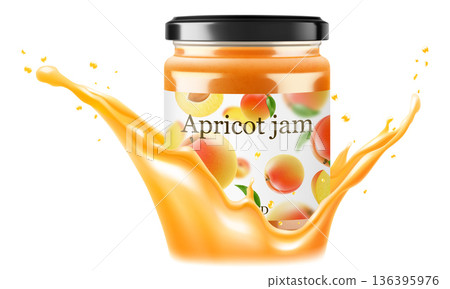 Jar with Apricot or peach jam in a splash of Apricot juice isolated on white background. Homemade Apricot jam or compote in a glass jar. Realistic 3d vector illustration. Mockup for your brand. Jar with Apricot or peach jam in a splash of Apricot juice isolated on white background. Homemade Apricot jam or compote in a glass jar. Realistic 3d vector illustration. Mockup for your brand. 136395976