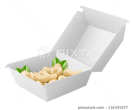 White Food Box with cashew nuts isolated on white background. Package with organic nuts. Rich in minerals and protein. Healthy nutrition, magnesium and vitamins. Realistic 3D Vector mockup 136395977