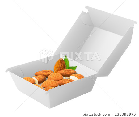 White Food Box with almond isolated on white background. Package with organic nuts. Rich in minerals and protein. Healthy nutrition, magnesium and vitamins. Realistic 3D Vector mockup White Food Box with almond isolated on white background. Package with organic nuts. Rich in minerals and protein. Healthy nutrition, magnesium and vitamins. Realistic 3D Vector mockup 136395979
