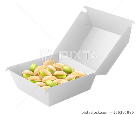 White Food Box with pistachios isolated on white background. Package with organic seeds. Rich in minerals and protein. Healthy nutrition and vitamins. Realistic 3D Vector mockup 136395980