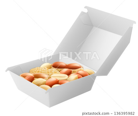 White Food Box with peanut isolated on white background. Package with organic nuts. Rich in minerals and protein. Healthy nutrition, magnesium and vitamins. Realistic 3D Vector mockup 136395982