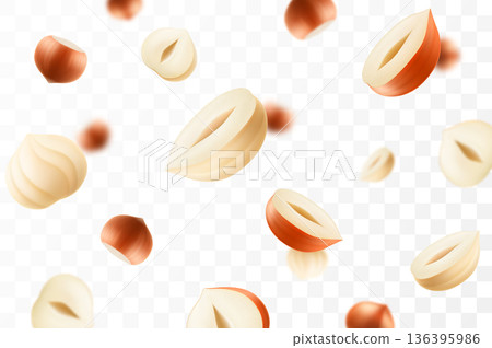 Flying hazelnut, isolated on transparent background, selective focus. Flying hazelnut with blurry effect. Can be used for advertising, packaging, banner, poster. Realistic 3d vector illustration 136395986